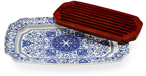 Spode Judaica Collection Challah Tray with Wood Insert - 17.5 Inch Blue & White Porcelain Shabbat Serving Piece, Traditional Judaic Tile Design, Removable Cutting Board Frame
