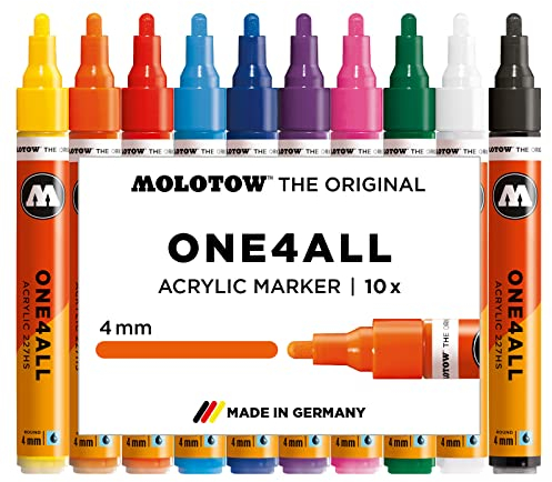Molotow One4All 227HS Acryl Marker Basic-Set 1 (4,0 mm Strichstärke, hochdeckend und permanent, UV-beständig, für fast alle Untergründe) 10 Stück sortiert