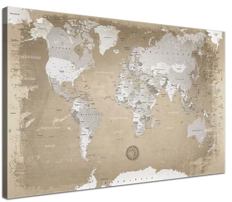 Stilvolle Pinnwand Weltkarte - Natur - Deutsch in 150 x 100 cm, stabile Rückwand zum Pinnen inkl. Starterkit - Leinwand-Kunstdruck Wandbild Landkarte XXL