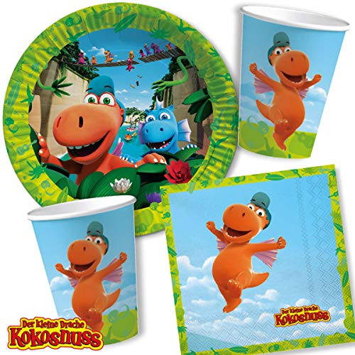 53-tlg. Party-Set * DER KLEINE DRACHE KOKOSNUSS * mit 16 Teller, 16 Becher, 20 Servietten und Deko für Kindergeburtstag und Mottoparty | Kinder lieben diesen Drachen zum Geburtstag und Motto-Party