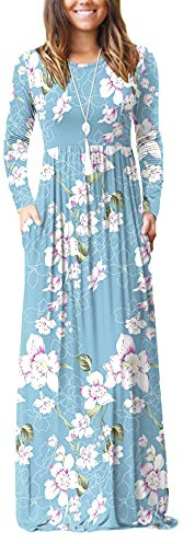 DEARCASE Damen Maxikleid, Damen lässig Winter langes Kleid, Damen Langarm Floral Print Maxi Kleid mit Taschen (Blume Hellblau, XL)