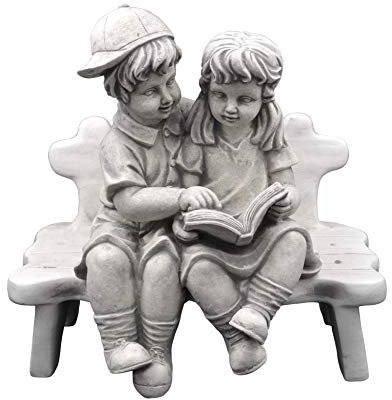 gartendekoparadies.de Mädchen und Jungen Figur auf der Bank, Steinfigur H. 45 cm, 22 kg, Grau, frostsicher aus Steinguss für Außenbereich