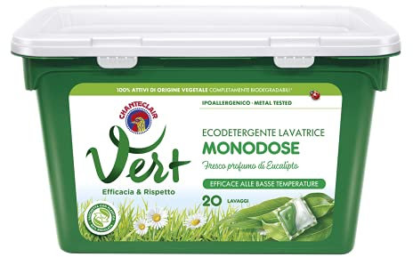 Vert di Chanteclair Einzeldosen-Reinigungsmittel für Waschmaschine, Duft von Eukalyptus – Packung mit 20 Waschgängen