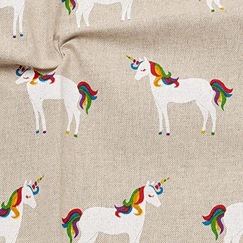 STOFFKONTOR Dekostoff Stoff bedruckt Regenbogen Einhörner - Öko-Tex Standard 100 - Meterware, Natur - zum Nähen von Tischwäsche, Kissen, Vorhängen, Dekoartikeln uvm.