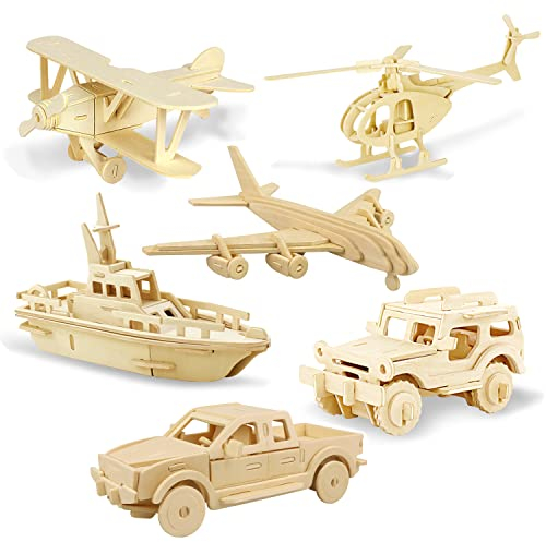 Georgie Porgy 3D Holzpuzzles DIY Modelle Kits für Kinder Dinosaurier Flugzeug Holzhandwerk BAU Spielzeug 6 Stück (Autos Yacht Zivile Flugzeuge Hubschrauber Albatros)