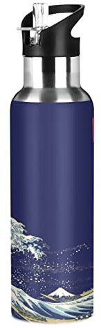 Mnsruu Vague De Surf Japonaise Kanagawa Isotherme Bouteille d'eau avec Paille, Gourde Sport en Acier Inoxydable 600ML Gourdes sans BPA pour Enfant Garçon Fille École Bureau