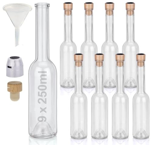 Flaschen Set 9 x 250ml hochwertige Glasflaschen leer mit Korken Schrumpfkapseln & 1 Trichter zum selbst Befüllen mit Gin Whisky Schnaps Likör Essig Öl günstige Flaschen Ginflaschen Whiskyflaschen