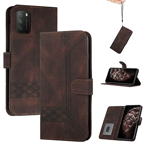 Genlision Funda Compatible con Xiaomi Poco M3/Redmi 9T/9 Power,Flip Leather Edition,Funda de Cuero PU con Cáscara de TPU, magnético, función de Soporte y Ranuras para Tarjetas-Marron Oscuro
