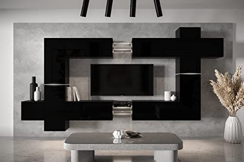 Furnitech Wohnwand Wohnzimmer - Hängend Wohnwand Modern - Schrankwand mit Regale und TV Schrank - Möbel ohne LED (AN91NEW-21B-HG1)