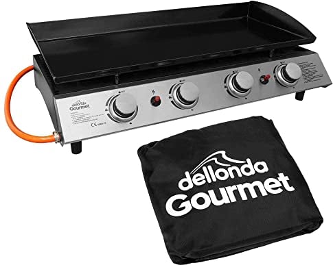 Dellonda 4 Burner Portable Gas Plancha 10kW BBQ Griddle, Supplied with Water Resistant PVC Cover, Stainless Steel - DG234