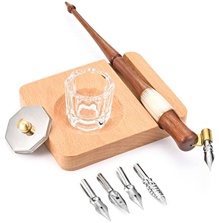 Yoption Wood Dip Pen Set, Calligraphy Oblique Nib Holder With Desktop Pen Holder, Ink Bottle Container and 5 Nibs Kit