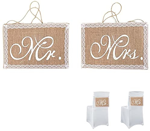 YJFY 1 Paar Stuhl Banner Set Stuhl Deko Banner Leinen Mrs Mr Girlande Banner Mrs Mr Hochzeit Banner Mr und Mrs Stuhl Deko für Dekoration für Hochzeitszeremonie Fotorequisiten Brautdusche (Spitze)