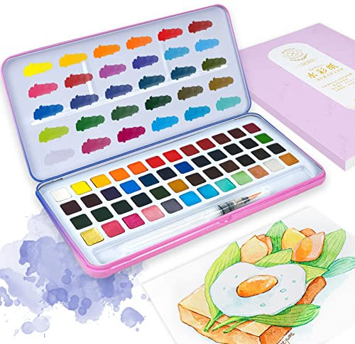 MeiLiang Kit de peinture aquarelle 48 couleurs avec papier aquarelle, 100 % coton avec effet pailleté, convient pour les débutants et les professionnels