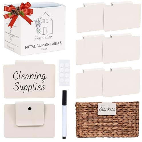 Hygge & Sage: Metal Non-Slip Basket Labels Clip On for Storage Bins, or Wire Racks | Includes 8 Labels, 8 Non-Slip Pads, and 1 Free Marker (Cream)