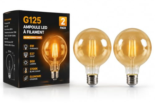 Pack 2 | LED E27 Edison Globe Light Bulb | G125 8W (Equivalent 60W) Dimmable 2700K Warm White LED Filament Screw Vintage Old Fashioned Energy-Saving Bulb for Indoor Home Decoration