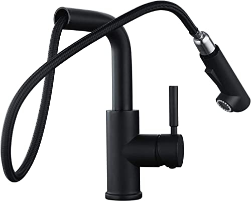 Rubinetto Cucina con Doccetta Estraibile Nero, Miscelatore Girevole a 360 ° con Uscita Acqua a 2 Funzioni, per Lavello, Rubinetti per Lavelli da Cucina di Ottone Senza, Moderno Monocomando Allungabile