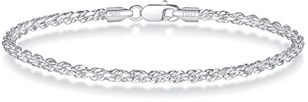 BRIJEWNES 925 Sterling Silver Clasp 2/2.5/3mm Gold | Silver Rope Chain Bracelets for Men Women Solid Diamond Cut Rope Chain Mens Bracelet Chain Bracelets for Men Jewelry Men Gifts, 8 inches, Sterling