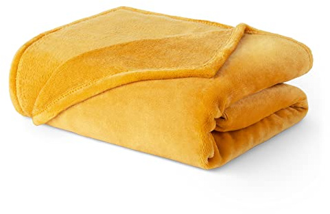 LIVIVO Flannel Fleece Blanket- Super Soft Cosy Cuddly Sofa Throw - Perfect For Bed, Sofa, Travel, Picnic & Camping - Single/Double/King (Ochre, Single)