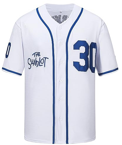 Aolapo 90er-Jahre-Kostüm für Herren, Sandlot 30 Jersey Rodriguez 30 Squints 5 Yeah-Yeah 11 Kurzarm-Baseball-Trikots für Männer und Frauen, 30 Weiß Blau, 3X-Groß