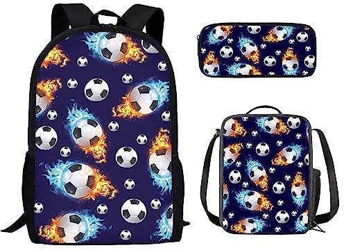 Howilath Schulrucksack, Jungen, Kinder, Schulbüchertaschen-Set, 43,2 cm, Tier-Dinosaurier-Blumenrucksack, Federmäppchen, Lunchbox, Feuerball Ball