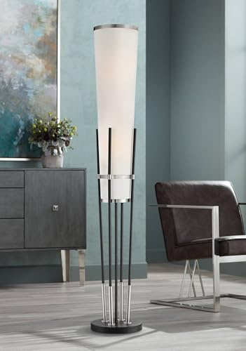 Possini Euro Design Flute Mid Century Modern 64 Tall Floor Lamp Standing with Smart Socket Satin Black Brushed Nickel Metal White Linen Shade for Living Room Family Bedroom Office House