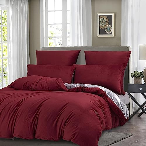 Boqingzhu Biber Bettwäsche 200×200cm Plüsch Rot Weinrot Grau Flanell Winter Warm Kuschelig Flauschig Wende Bettwäsche Teddy Fleece Samt Cashmere Touch Bettbezug 200×200cm