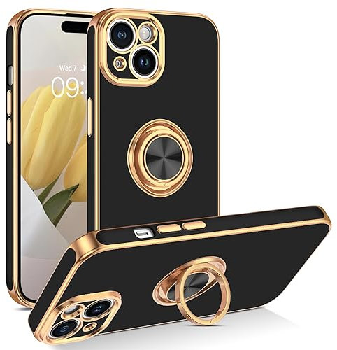 GUAGUA for iPhone 15 Case,with 360° Ring Holder Slim Shockproof Kickstand Support Magnetic Car Mount Women Men Non-Slip Protective Phone Cover for iPhone 15 6.1 inch, Black