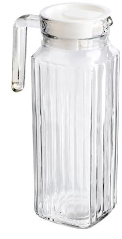 ARA CHOICE Glass Jug Slim 1.2L Pitcher Fridge Door Non Drip Spout Water Juice Cocktail Milk Ribbed Transparent Jug with Lid Water Pitcher Jar Fizzy Beverage Serving Striped Kettle Narrow Door Jug