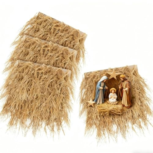 XLX TURF Fake Hay Table Placemats for Tropical Western Cowboy Country Party | Artificial Thatch Straw Square Mats Table Centerpiece Farmhouse Wild One Birthday Summer Party Decorations, 13x13 4 Pack