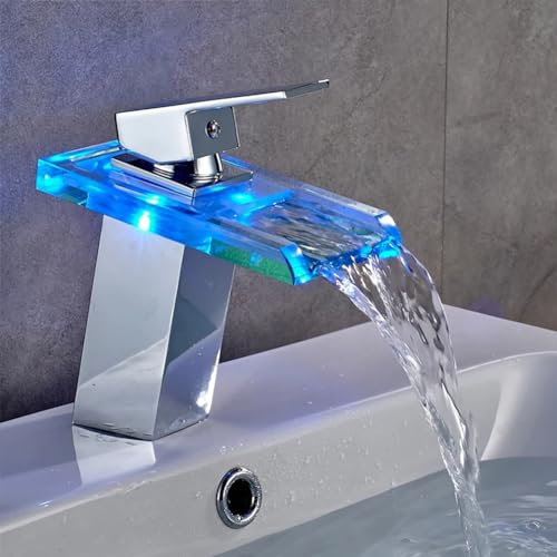 Robinet De Salle De Bain Cascade LED Mitigeur De Lavabo Style Moderne Monocommande Laiton Robinet De Lavabo Eau Chaude Et Froide Disponible, Robinetterie Lavabo, Chromé, Argent