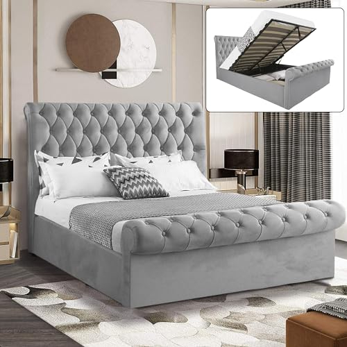 Ottoman Storage Bed with Gas Lift End Opening Wooden Slats, Ottoman Small Double Bed Frame, Upholstered Gas Lift Up Bed Frame with Storage, (4ft Grey Small Double, No Mattress Included)
