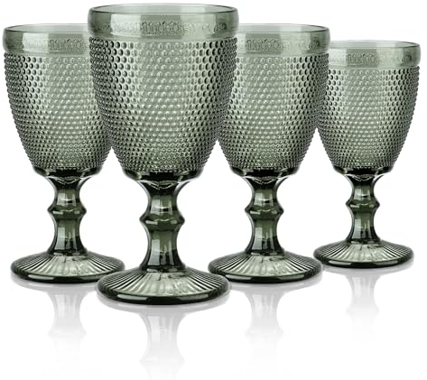 Joeyan Lot de 4 Verres à Vin Vintage Gris de 300 ml Avec Petit Relief de Perles,Colorés Ensemble Gobelets à Vin Pour Boissons au Jus de Vin,Verres à Boire Rétro Avec Pied,Passent au Lave-Vaisselle