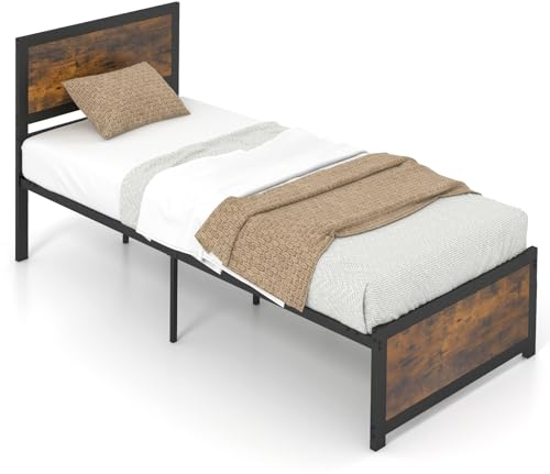 COSTWAY Bettgestell 90 x 200 cm, Industrielles Bettrahmen mit Kopfteil & Lattenrost, Gästebett, Metallbett, Jugendbett, Einzelbett aus Metall, 36 cm Höhe unter dem Bett