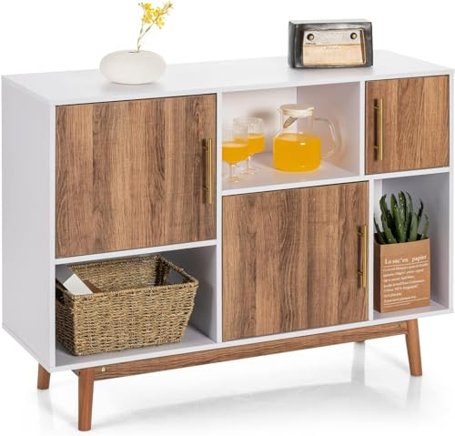 GOPLUS Aparador con 6 Compartimentos, cómoda con Patas de Madera de Pino y Dispositivo antivuelco, Apto para salón, Dormitorio, Oficina, 95 x 31 x 76 CM