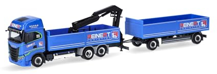 Herpa modello di camion Iveco S-Way LNG Pritschen-Hängerzug mit Ladekran Reinert Logistic (Sachsen/Schleife), in scala 1:87, pezzo da collezione, modello tedesco, statuetta plastica