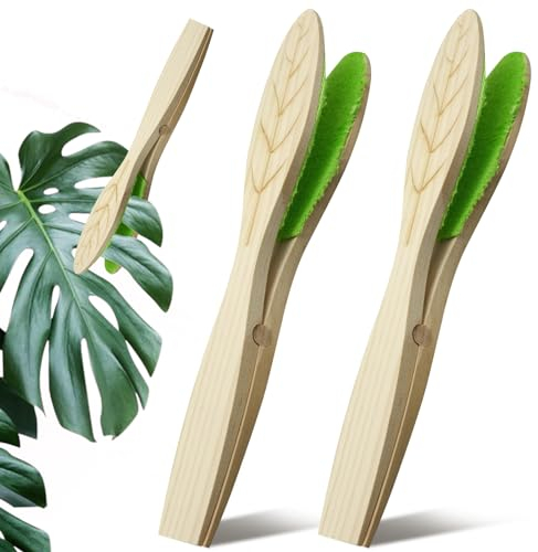 2Pcs Plants Leaf Cleaning Tongs, Wooden Handlepine Hair Plant Leaf Cleaner Pliers Multifunctional for Removing Dust From Both Sides of Plant Leaves Leaf Dust Cleaner, Leaf Cleaner for House Plants