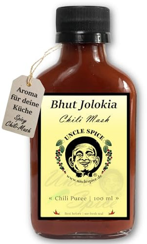 UNCLE SPICE® Naga Bhut Jolokia Chili Mash, 100ml Chili-Konzentrat im Glas, 82% fermentiertes Püree einer der schärfsten Chili der Welt als, Gewürzsauce zum Mischen - EXTREM SCHARF