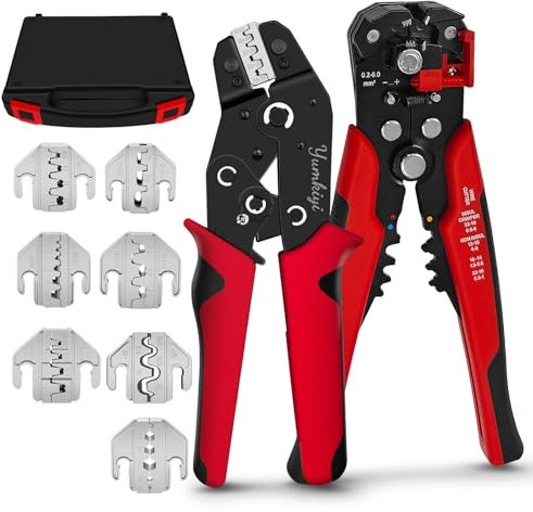 Outil de sertissage pour bornes et pince à dénuder multifonction – Plusieurs tailles de mâchoires, design à cliquet, outil de sertissage – Idéal pour le sertissage MC4, le câblage, la réparation