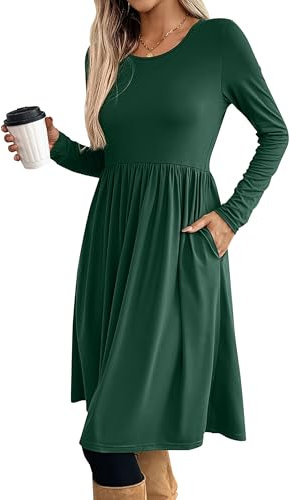 ONAYEYO Damen Herbst Elegant Rundkragen Langarm Knielang Kleid Casual Lose Tunika Kleider Empire-Taille Abendkleid Einfarbig Basic Freizeitkleid Blusenkleid mit Taschen (M, Dunkelgrün)