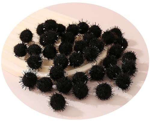 50 Stück 30 mm Schwarze Glitzer Pom Poms Bastel Pompons Lametta Bommeln | Glitzer Pompons zum Basteln, Lametta Pom Poms für Handarbeit, flauschige Bommeln zum Kleben und Nähen, Bastelmaterial