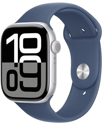 Apple Watch Series 10 (GPS 46 mm) Smartwatch mit Aluminiumgehäuse in Silber und Sportarmband in Denim (S/M). Fitnesstracker, EKG App, Always-On Retina Display, Wasserschutz