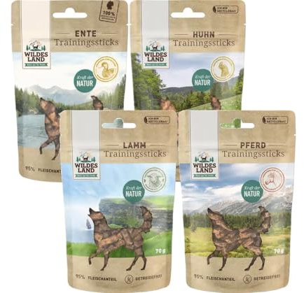 Wildes Land Trainingssticks 4X 70g Probierpaket, Huhn, Ente, Lamm & Pferd | Monoprotein | Ohne Getreide | Hoher Fleischanteil von 95%