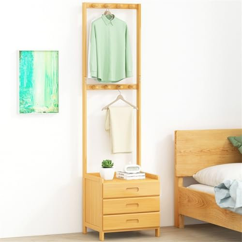 Porte-manteau en bambou avec table de chevet multifonction avec tiroirs, étagères, rails à pantalons, crochets pour chambre à coucher