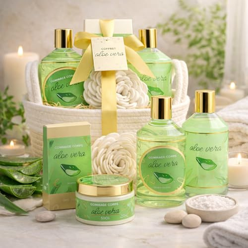 French Tendance - Coffret Bain Aloe Vera - Gel Douche 250 ml, Bain Moussant, Gommage, Sels de Bain - Cadeau Femme Beauté, Soin Corps, Bien Etre - Kit Cocooning Panier Bicolore Aloe Vera