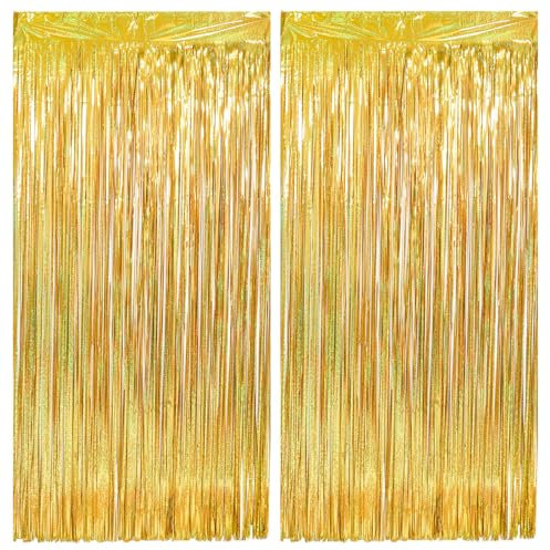 2 Stück Lametta Vorhang Gold, Glitzervorhang Lametta Gold, Glitzer Party Vorhang Geburtstag Folien Fransen Vorhänge fur Geburtstagsdeko Party Deko Neujahr Goldene Hochzeit Deko Fotowand Hintergrund