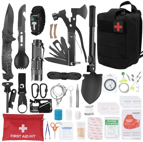 QLOUNI 71 PCS 32 in 1 Survival Kit Professional Outdoor Home Emergency Kit Outdoor Equipment Survival Equipment for Camping, Bush, Hiking, Hunting, Adventure