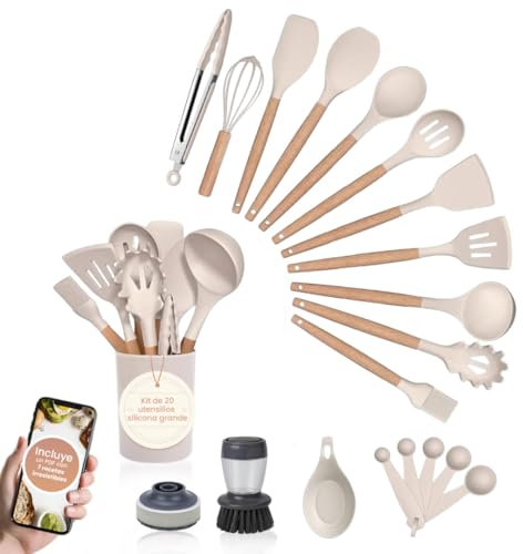 NOVARKA® SUPER PACK PREMIUM De 20 Utensilios De Cocina HOMOLOGADOS + Instrumento de Limpieza - Utensilios y Paletas Multifuncionales - Accesorios de Silicona Cocina - Incluye 7 Recetas - Sin BPA