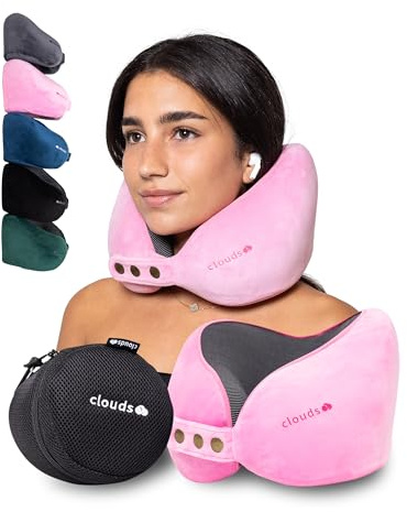 CLOUDS Nackenkissen Flugzeug & Auto – Einstellbares Memory Foam Reisekissen in 2 Größen für Erwachsene - Atmungsaktiver- extraweicher Bezug in 5 Farben (Pink, S/M)
