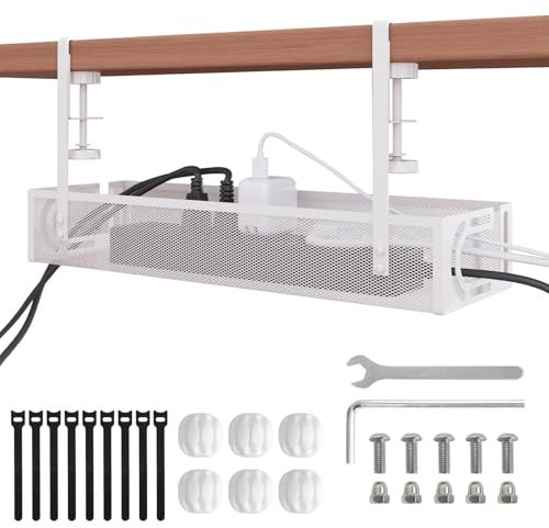 Under Desk Cable Management Tray, 15.4'' No Drill Cable Management Mesh Wire Organizer Side Opening Design for Home, Office, Internet Cafe, Kitchen, White