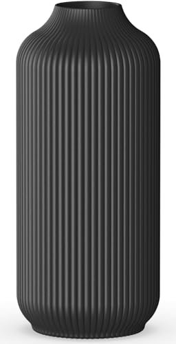 Ribbed Ceramic Black Vase for Pampas Grass - Decorative Flower Vase for Pampas Grass - Large Boho vase for Home Living Room Decor - Table Dining (black)